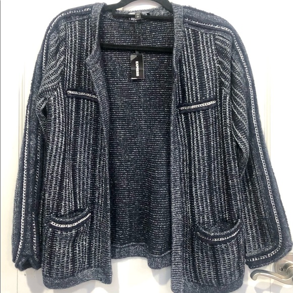 EXPRESS Metallic Trim tweed Sweater collarless blazer/Jacket Navy sizeS NWT - Picture 2 of 5